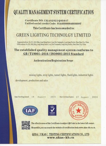 China GREEN LIGHTING TECHNOLOGY CO.,LTD certificaciones