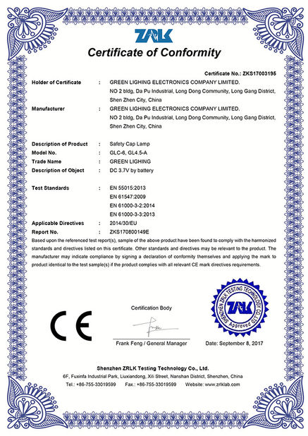 China GREEN LIGHTING TECHNOLOGY CO.,LTD certificaciones